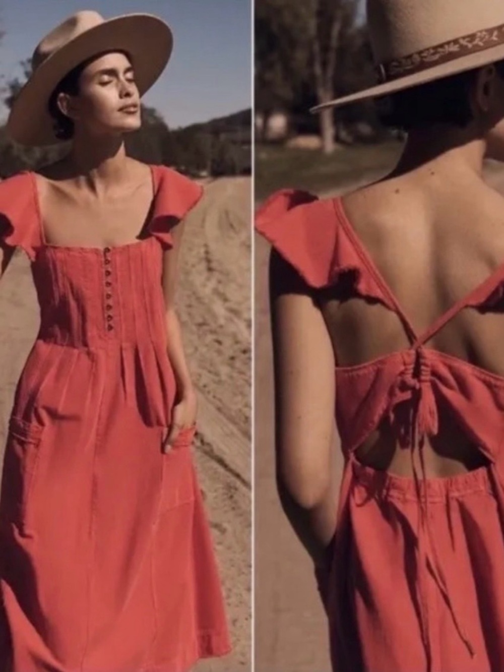 Pilcro Coral Red Flutter-Sleeve Midi Dress with Open Back